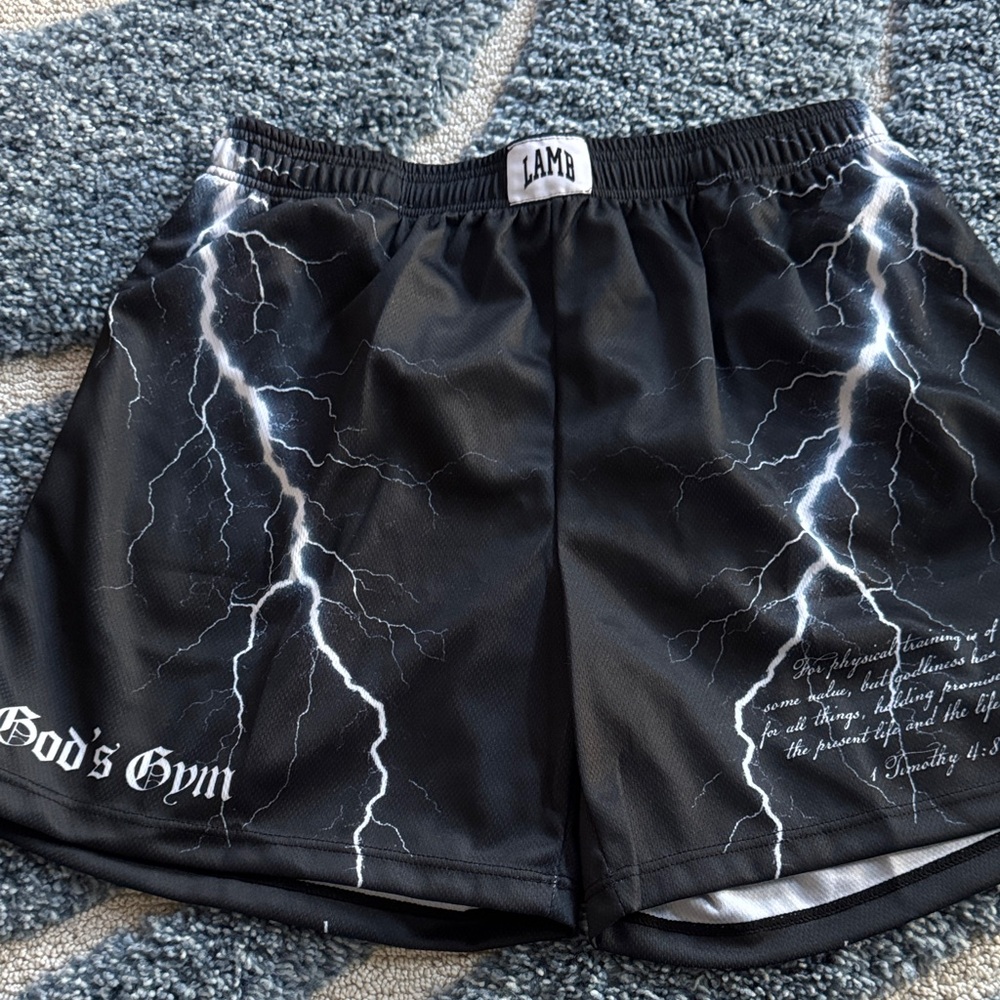 NWOT..Fear The Lamb..Black Lightning Print Gym Shorts